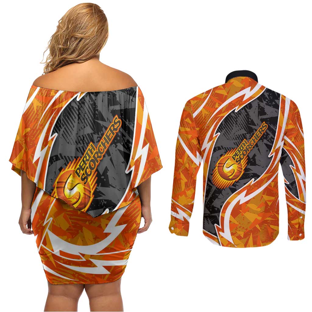 Perth Scorchers Couples Matching Off Shoulder Short Dress and Long Sleeve Button Shirt Flaming Lightning Storm Geometric Sports Mascot Art