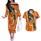 Perth Scorchers Couples Matching Off The Shoulder Long Sleeve Dress and Hawaiian Shirt Flaming Lightning Storm Geometric Sports Mascot Art