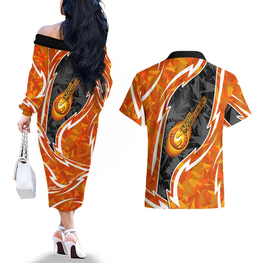Perth Scorchers Couples Matching Off The Shoulder Long Sleeve Dress and Hawaiian Shirt Flaming Lightning Storm Geometric Sports Mascot Art