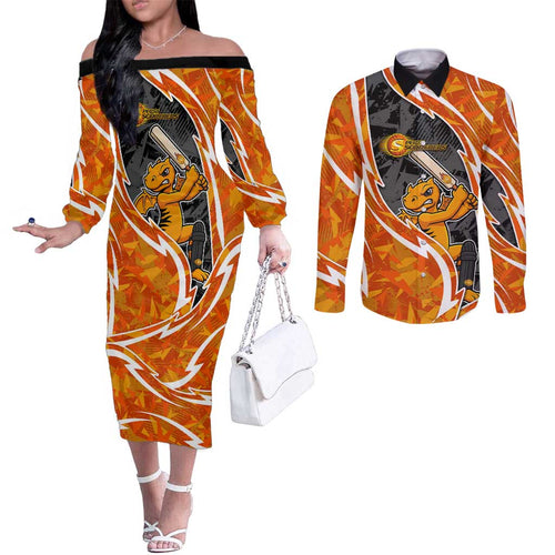 Perth Scorchers Couples Matching Off The Shoulder Long Sleeve Dress and Long Sleeve Button Shirt Flaming Lightning Storm Geometric Sports Mascot Art