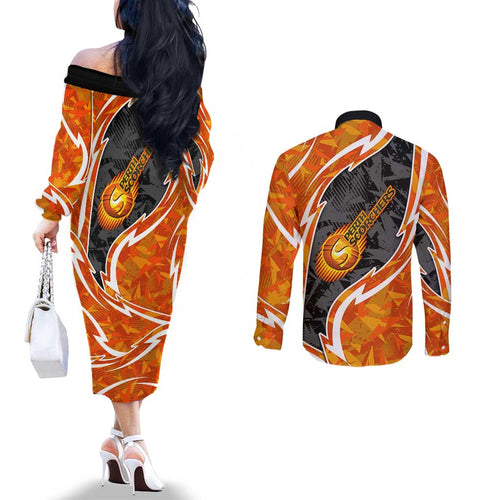 Perth Scorchers Couples Matching Off The Shoulder Long Sleeve Dress and Long Sleeve Button Shirt Flaming Lightning Storm Geometric Sports Mascot Art