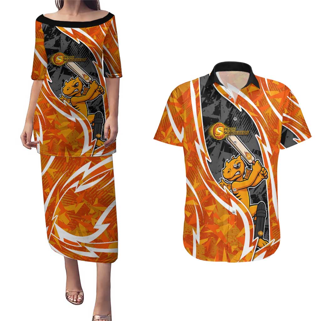 Perth Scorchers Couples Matching Puletasi and Hawaiian Shirt Flaming Lightning Storm Geometric Sports Mascot Art