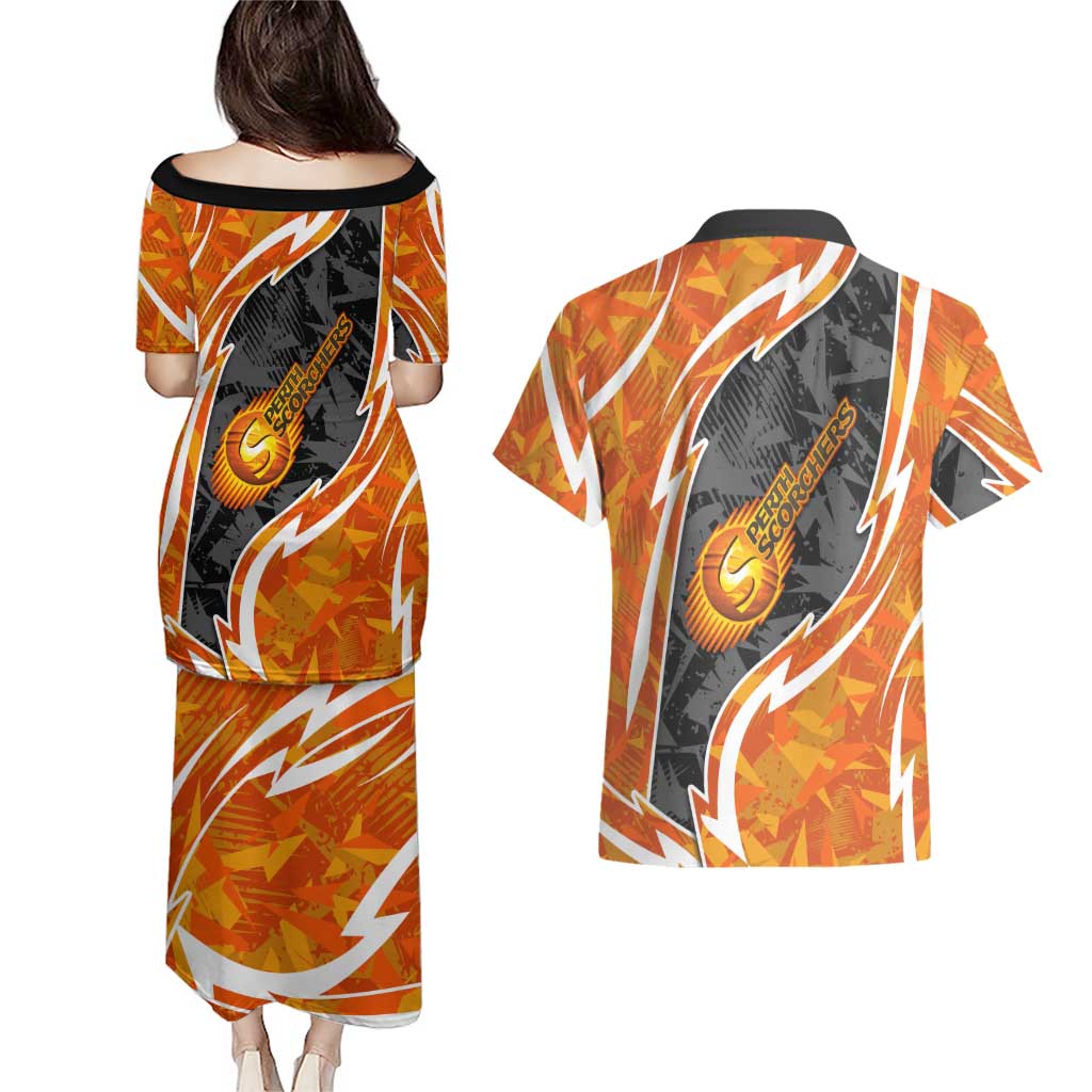 Perth Scorchers Couples Matching Puletasi and Hawaiian Shirt Flaming Lightning Storm Geometric Sports Mascot Art