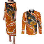 Perth Scorchers Couples Matching Puletasi and Long Sleeve Button Shirt Flaming Lightning Storm Geometric Sports Mascot Art