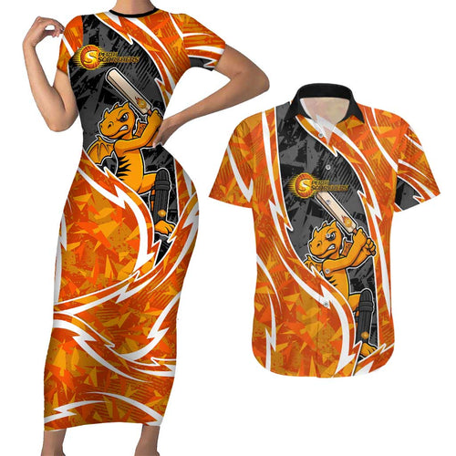 Perth Scorchers Couples Matching Short Sleeve Bodycon Dress and Hawaiian Shirt Flaming Lightning Storm Geometric Sports Mascot Art