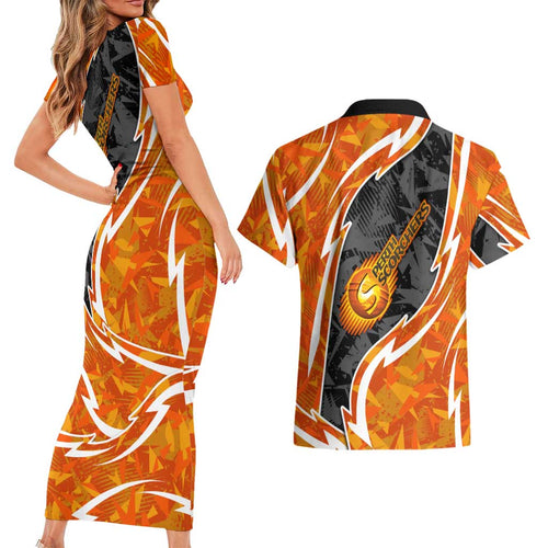 Perth Scorchers Couples Matching Short Sleeve Bodycon Dress and Hawaiian Shirt Flaming Lightning Storm Geometric Sports Mascot Art