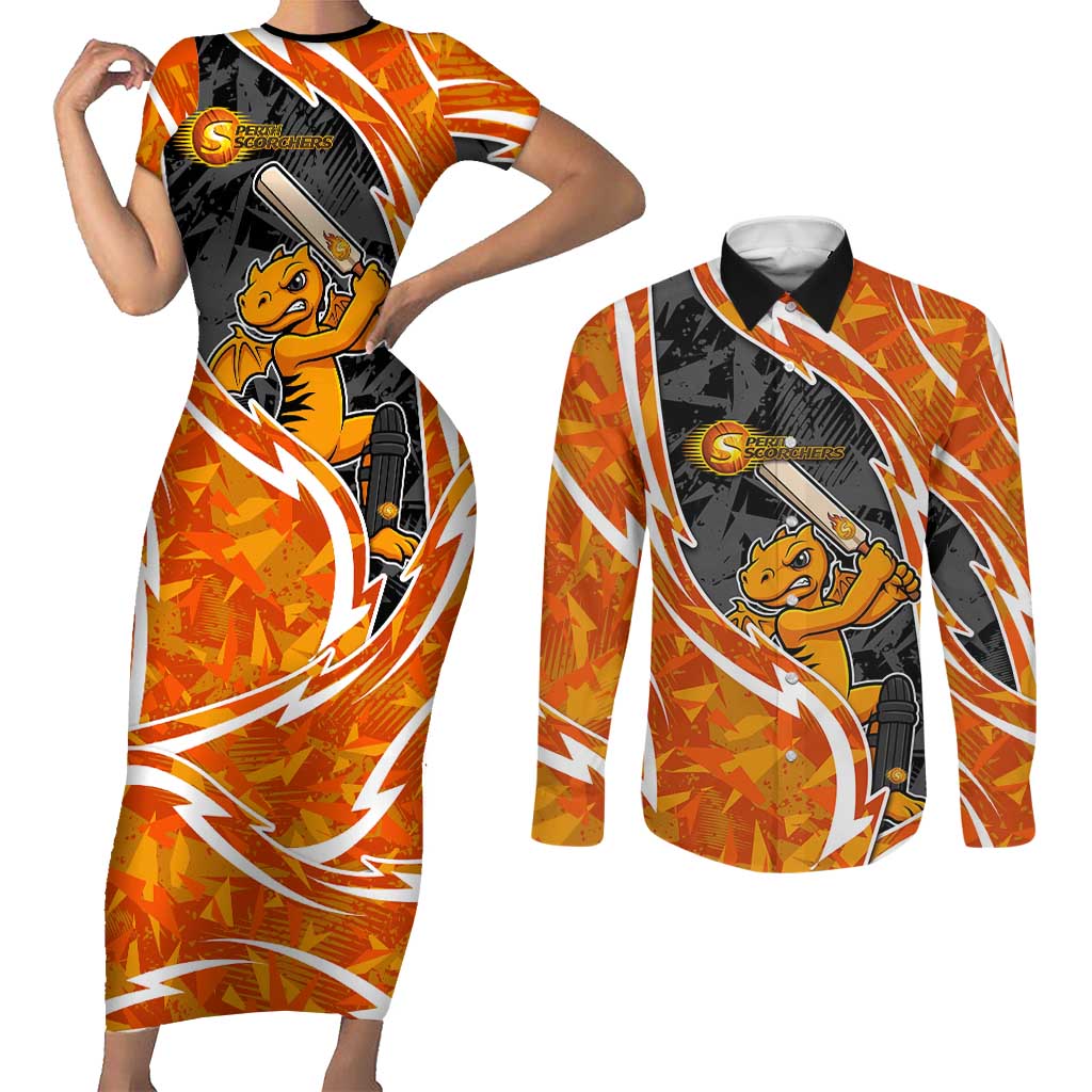 Perth Scorchers Couples Matching Short Sleeve Bodycon Dress and Long Sleeve Button Shirt Flaming Lightning Storm Geometric Sports Mascot Art