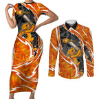 Perth Scorchers Couples Matching Short Sleeve Bodycon Dress and Long Sleeve Button Shirt Flaming Lightning Storm Geometric Sports Mascot Art