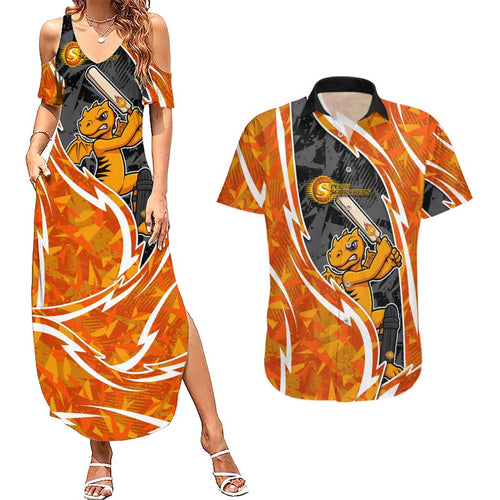 Perth Scorchers Couples Matching Summer Maxi Dress and Hawaiian Shirt Flaming Lightning Storm Geometric Sports Mascot Art