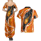 Perth Scorchers Couples Matching Summer Maxi Dress and Hawaiian Shirt Flaming Lightning Storm Geometric Sports Mascot Art