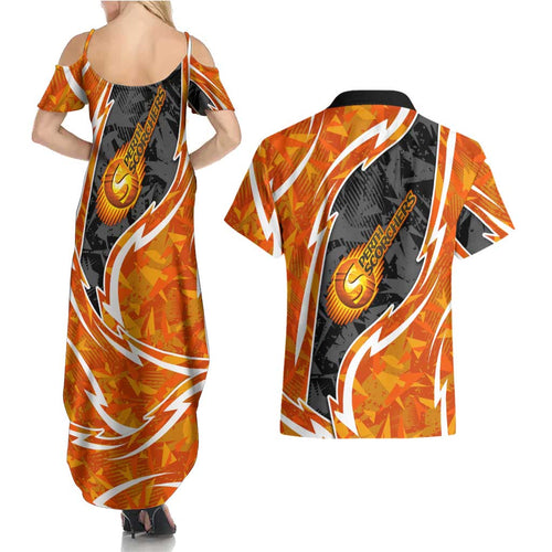 Perth Scorchers Couples Matching Summer Maxi Dress and Hawaiian Shirt Flaming Lightning Storm Geometric Sports Mascot Art