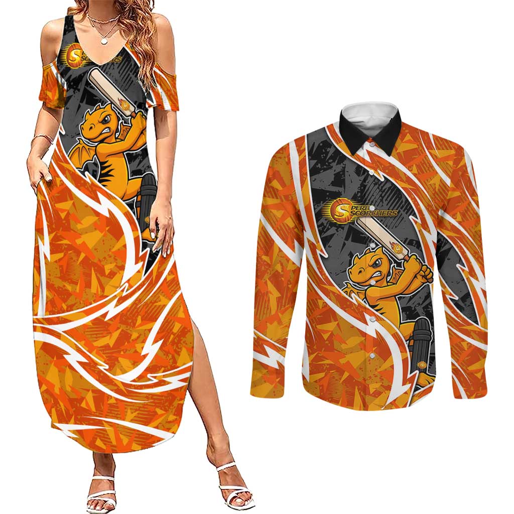 Perth Scorchers Couples Matching Summer Maxi Dress and Long Sleeve Button Shirt Flaming Lightning Storm Geometric Sports Mascot Art
