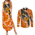 Perth Scorchers Couples Matching Summer Maxi Dress and Long Sleeve Button Shirt Flaming Lightning Storm Geometric Sports Mascot Art