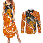 Perth Scorchers Couples Matching Summer Maxi Dress and Long Sleeve Button Shirt Flaming Lightning Storm Geometric Sports Mascot Art