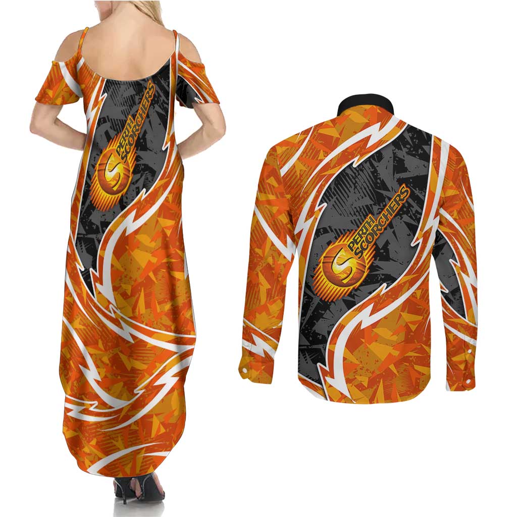 Perth Scorchers Couples Matching Summer Maxi Dress and Long Sleeve Button Shirt Flaming Lightning Storm Geometric Sports Mascot Art
