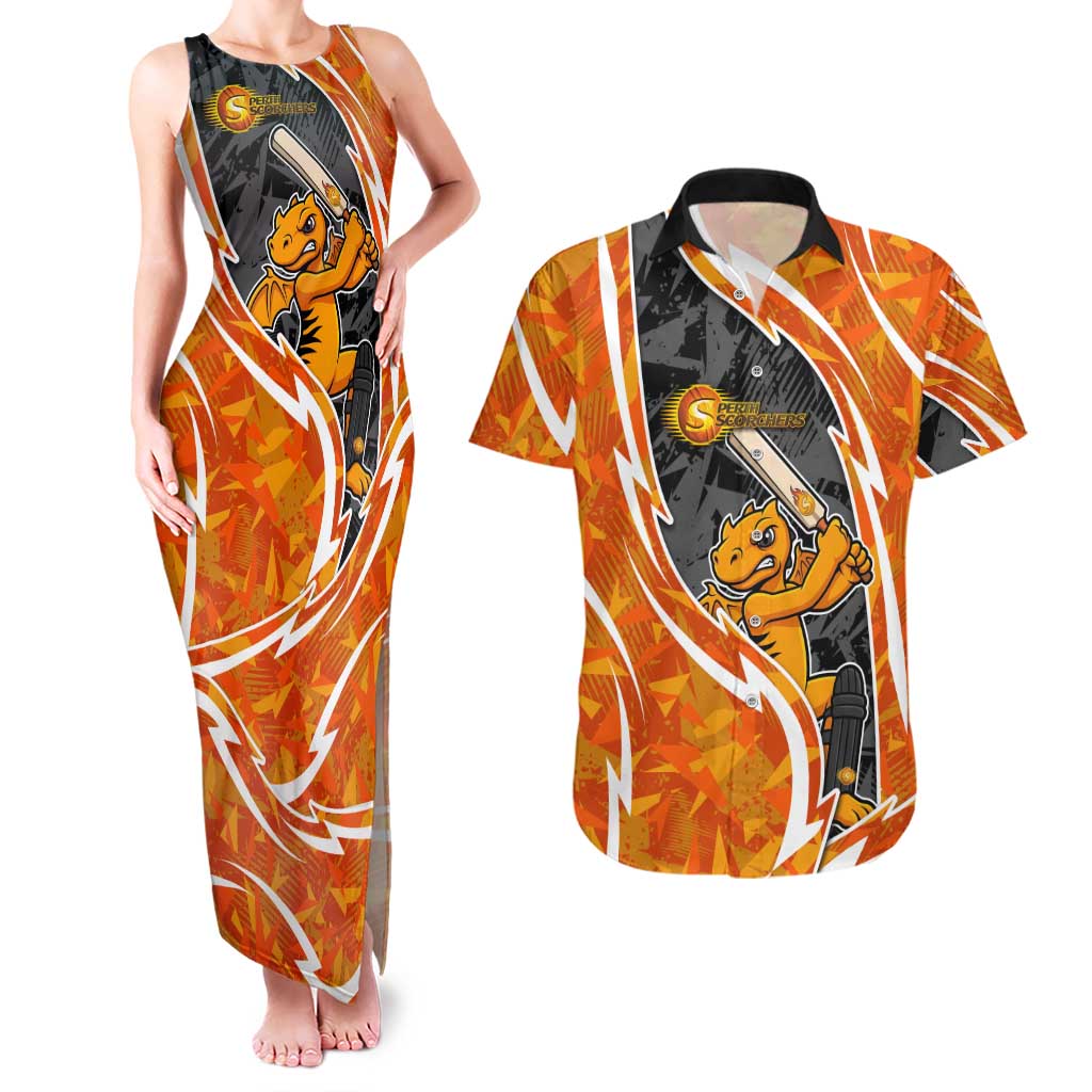 Perth Scorchers Couples Matching Tank Maxi Dress and Hawaiian Shirt Flaming Lightning Storm Geometric Sports Mascot Art