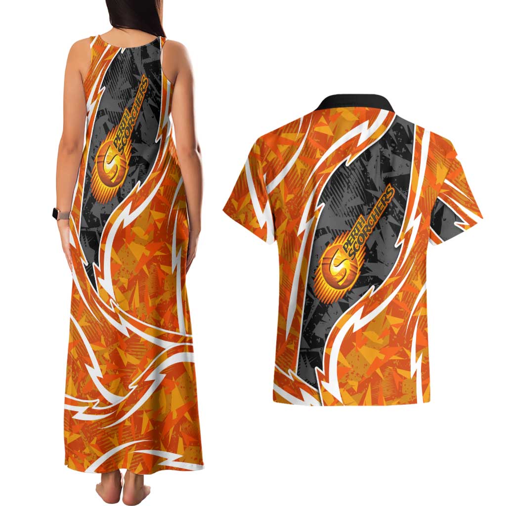 Perth Scorchers Couples Matching Tank Maxi Dress and Hawaiian Shirt Flaming Lightning Storm Geometric Sports Mascot Art