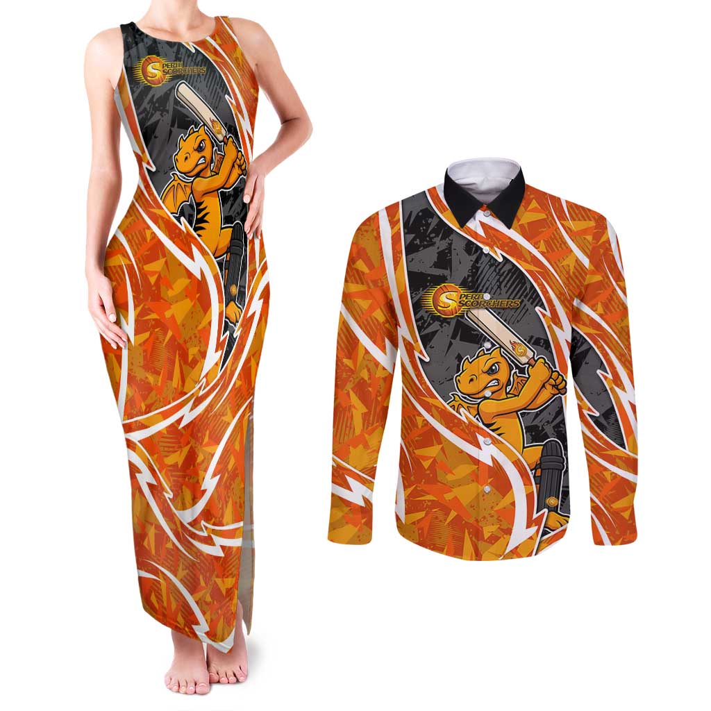 Perth Scorchers Couples Matching Tank Maxi Dress and Long Sleeve Button Shirt Flaming Lightning Storm Geometric Sports Mascot Art