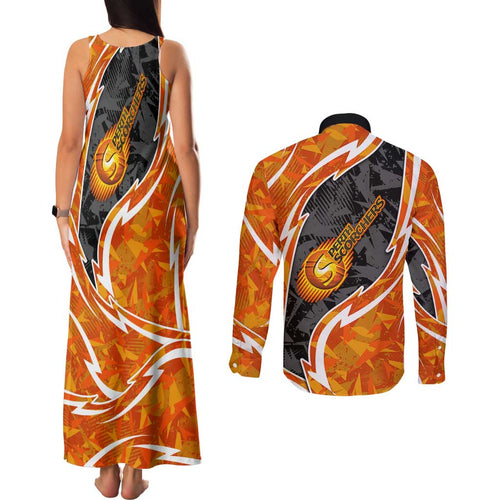 Perth Scorchers Couples Matching Tank Maxi Dress and Long Sleeve Button Shirt Flaming Lightning Storm Geometric Sports Mascot Art