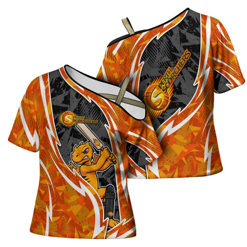 Perth Scorchers Cross Shoulder Shirt Flaming Lightning Storm Geometric Sports Mascot Art