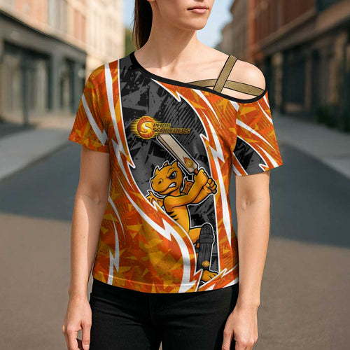 Perth Scorchers Cross Shoulder Shirt Flaming Lightning Storm Geometric Sports Mascot Art