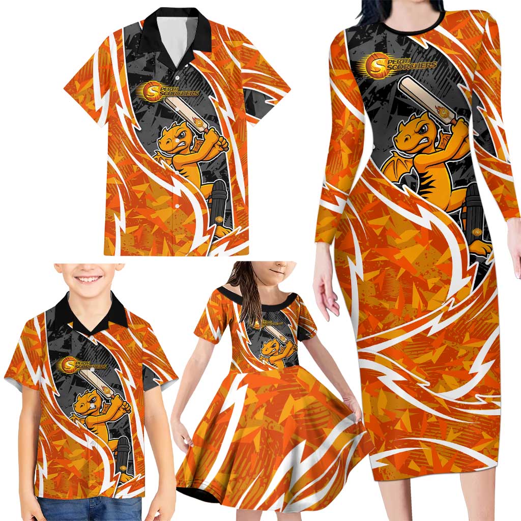 Perth Scorchers Family Matching Long Sleeve Bodycon Dress and Hawaiian Shirt Flaming Lightning Storm Geometric Sports Mascot Art