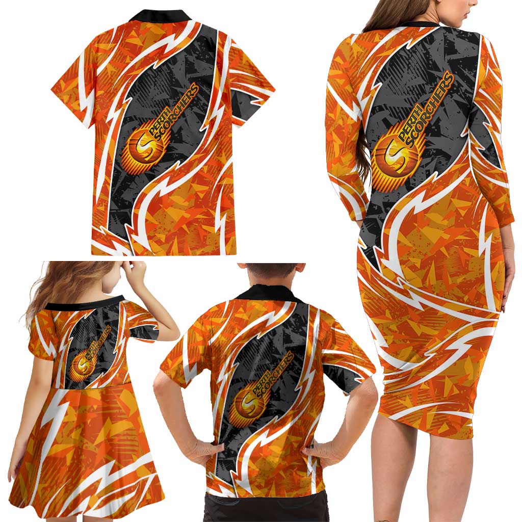 Perth Scorchers Family Matching Long Sleeve Bodycon Dress and Hawaiian Shirt Flaming Lightning Storm Geometric Sports Mascot Art