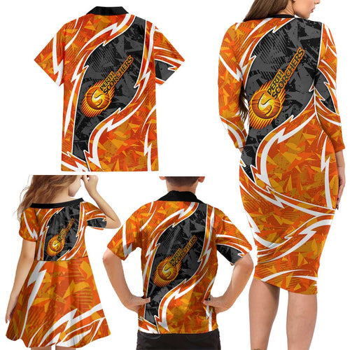 Perth Scorchers Family Matching Long Sleeve Bodycon Dress and Hawaiian Shirt Flaming Lightning Storm Geometric Sports Mascot Art