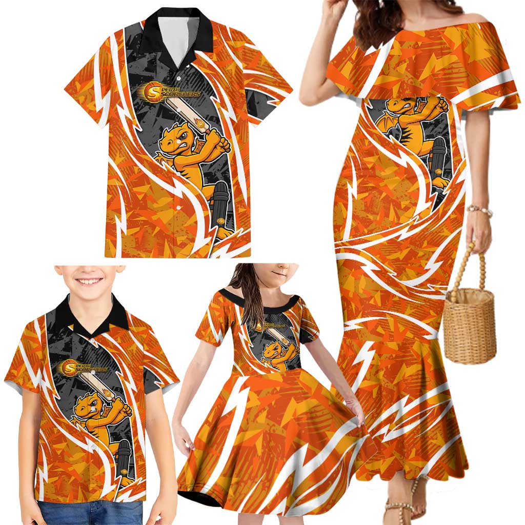 Perth Scorchers Family Matching Mermaid Dress and Hawaiian Shirt Flaming Lightning Storm Geometric Sports Mascot Art