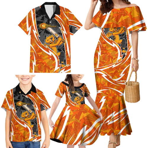 Perth Scorchers Family Matching Mermaid Dress and Hawaiian Shirt Flaming Lightning Storm Geometric Sports Mascot Art