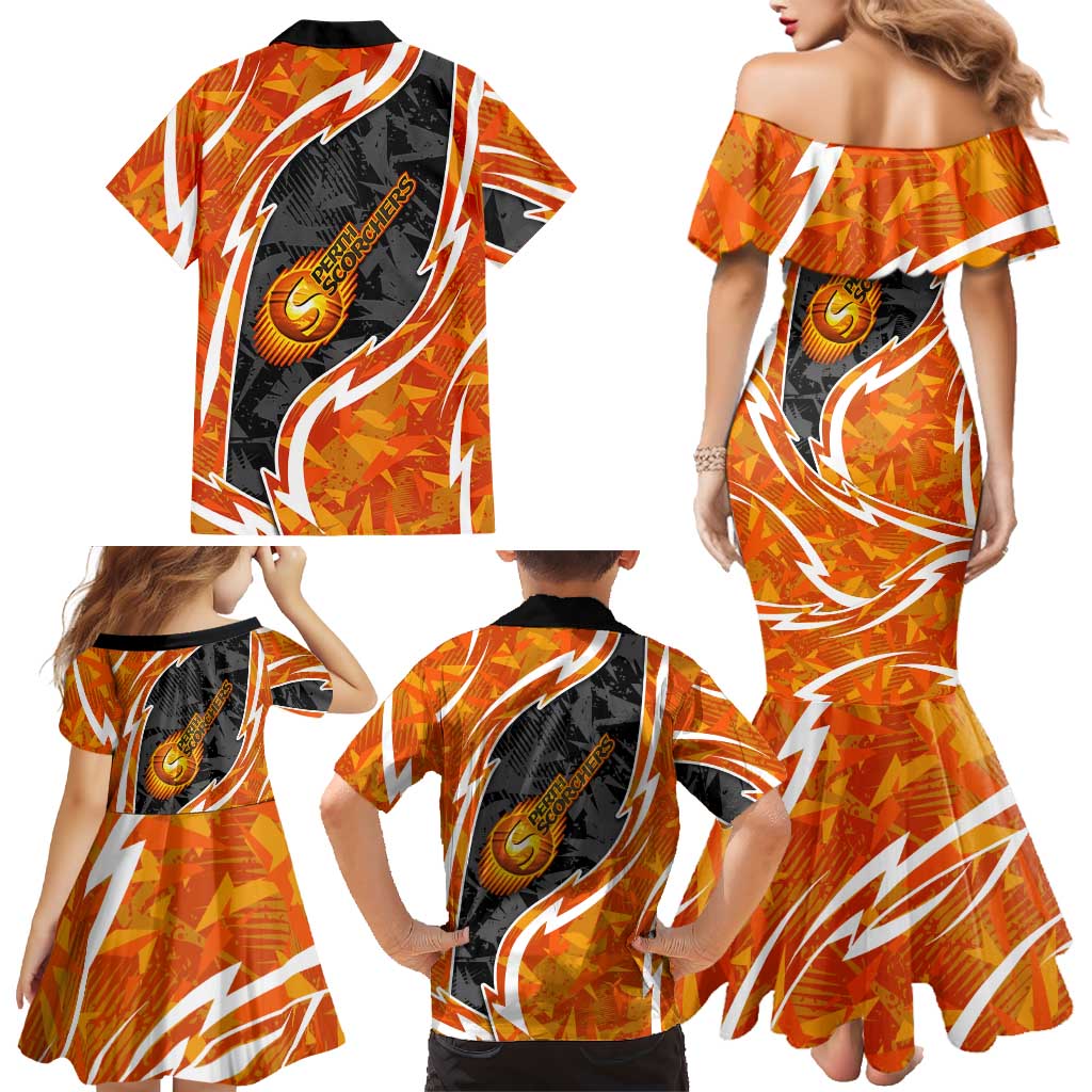 Perth Scorchers Family Matching Mermaid Dress and Hawaiian Shirt Flaming Lightning Storm Geometric Sports Mascot Art