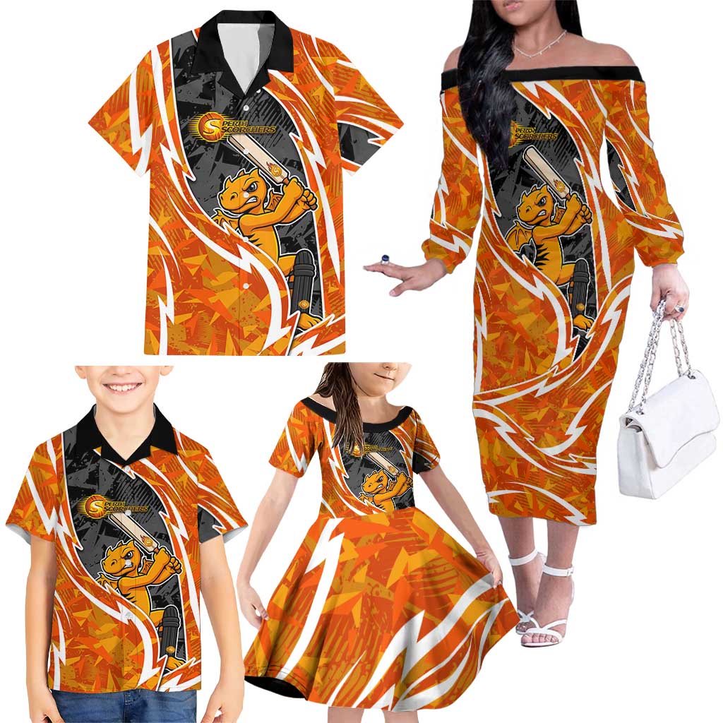 Perth Scorchers Family Matching Off The Shoulder Long Sleeve Dress and Hawaiian Shirt Flaming Lightning Storm Geometric Sports Mascot Art