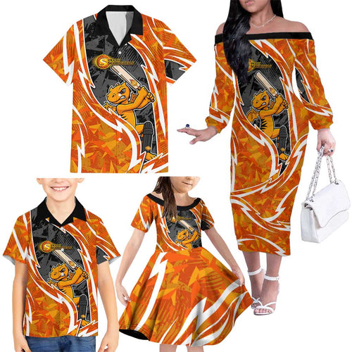 Perth Scorchers Family Matching Off The Shoulder Long Sleeve Dress and Hawaiian Shirt Flaming Lightning Storm Geometric Sports Mascot Art