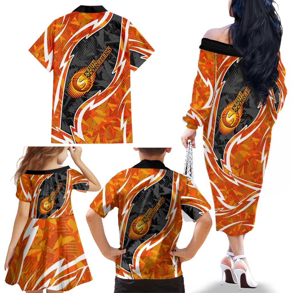 Perth Scorchers Family Matching Off The Shoulder Long Sleeve Dress and Hawaiian Shirt Flaming Lightning Storm Geometric Sports Mascot Art