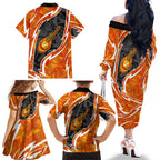 Perth Scorchers Family Matching Off The Shoulder Long Sleeve Dress and Hawaiian Shirt Flaming Lightning Storm Geometric Sports Mascot Art