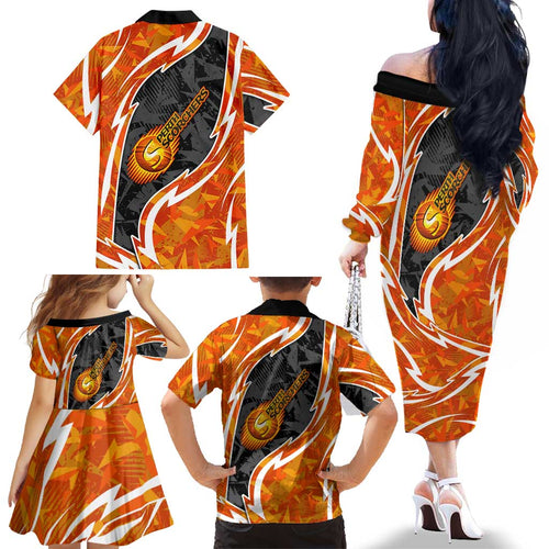 Perth Scorchers Family Matching Off The Shoulder Long Sleeve Dress and Hawaiian Shirt Flaming Lightning Storm Geometric Sports Mascot Art