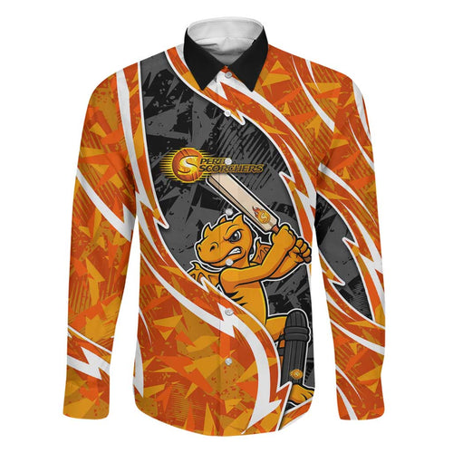 Perth Scorchers Family Matching Off The Shoulder Long Sleeve Dress and Hawaiian Shirt Flaming Lightning Storm Geometric Sports Mascot Art