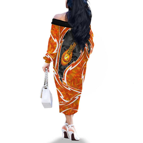 Perth Scorchers Family Matching Off The Shoulder Long Sleeve Dress and Hawaiian Shirt Flaming Lightning Storm Geometric Sports Mascot Art