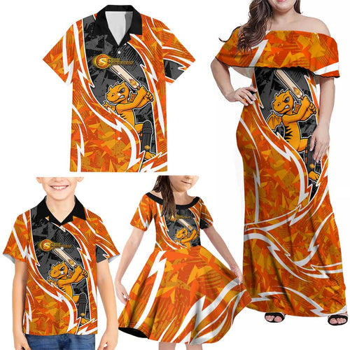 Perth Scorchers Family Matching Off Shoulder Maxi Dress and Hawaiian Shirt Flaming Lightning Storm Geometric Sports Mascot Art