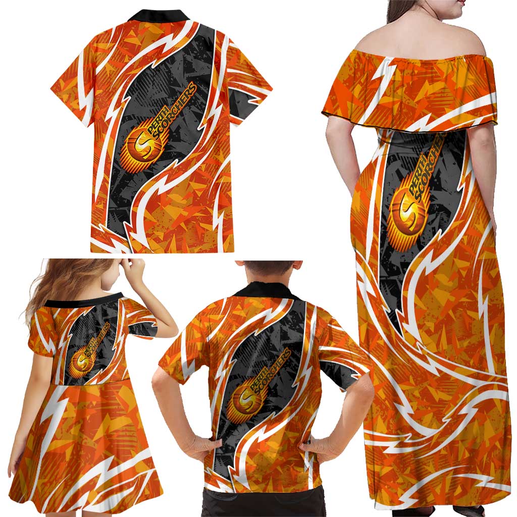 Perth Scorchers Family Matching Off Shoulder Maxi Dress and Hawaiian Shirt Flaming Lightning Storm Geometric Sports Mascot Art