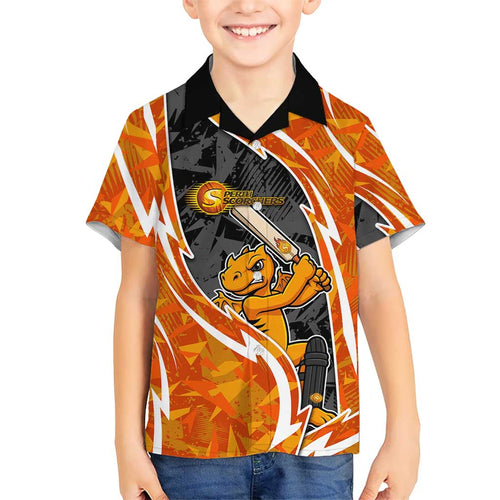 Perth Scorchers Family Matching Off Shoulder Maxi Dress and Hawaiian Shirt Flaming Lightning Storm Geometric Sports Mascot Art