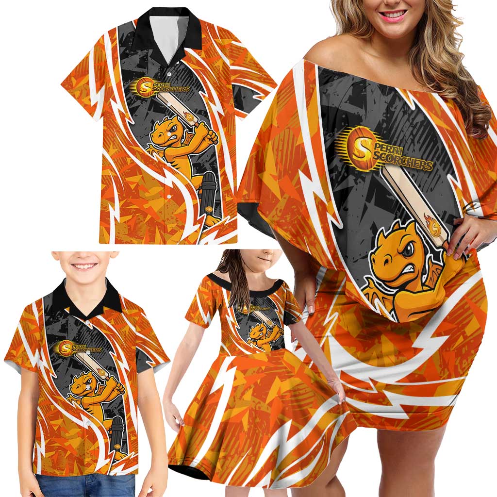 Perth Scorchers Family Matching Off Shoulder Short Dress and Hawaiian Shirt Flaming Lightning Storm Geometric Sports Mascot Art
