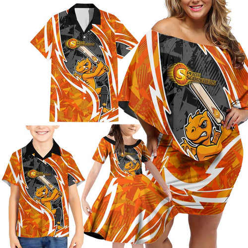 Perth Scorchers Family Matching Off Shoulder Short Dress and Hawaiian Shirt Flaming Lightning Storm Geometric Sports Mascot Art