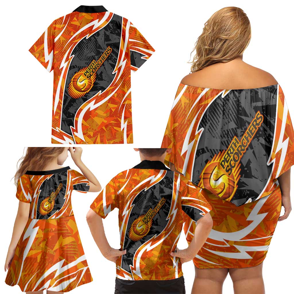 Perth Scorchers Family Matching Off Shoulder Short Dress and Hawaiian Shirt Flaming Lightning Storm Geometric Sports Mascot Art