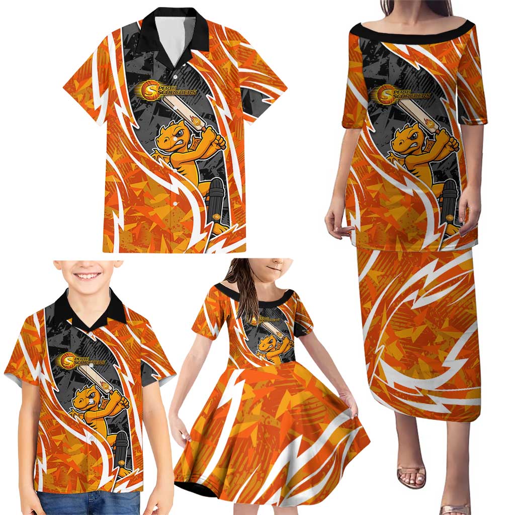 Perth Scorchers Family Matching Puletasi and Hawaiian Shirt Flaming Lightning Storm Geometric Sports Mascot Art