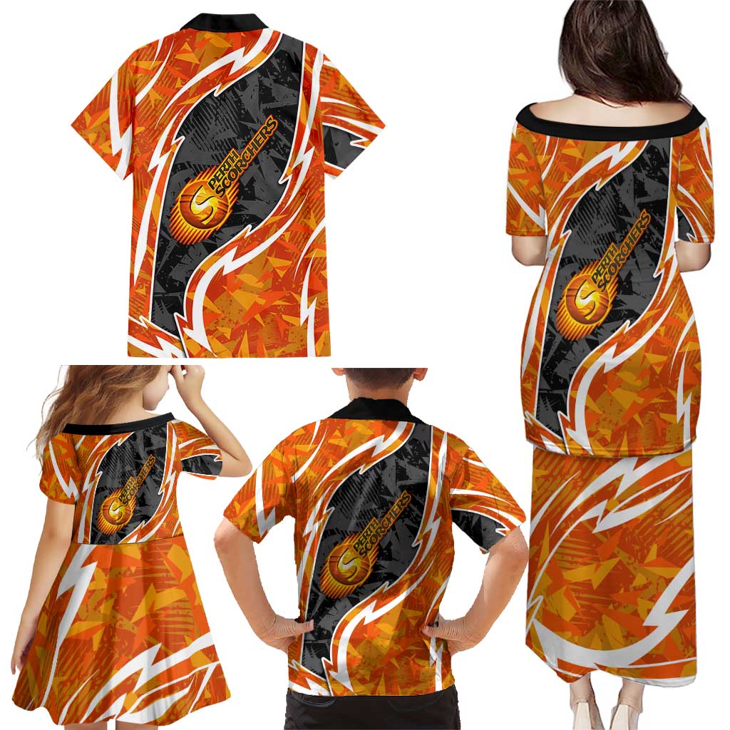 Perth Scorchers Family Matching Puletasi and Hawaiian Shirt Flaming Lightning Storm Geometric Sports Mascot Art