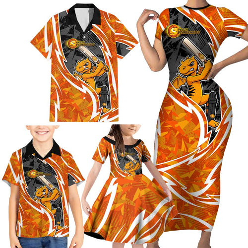 Perth Scorchers Family Matching Short Sleeve Bodycon Dress and Hawaiian Shirt Flaming Lightning Storm Geometric Sports Mascot Art