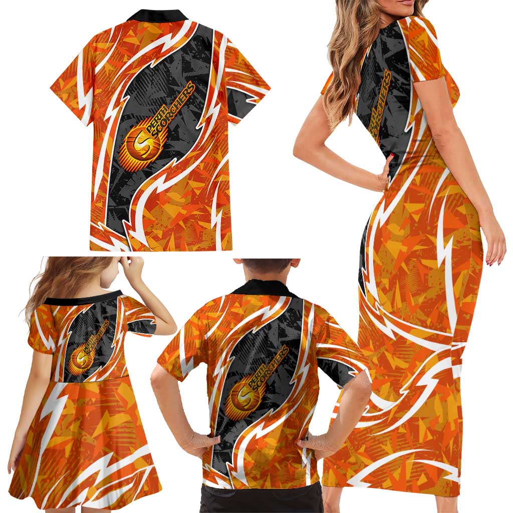 Perth Scorchers Family Matching Short Sleeve Bodycon Dress and Hawaiian Shirt Flaming Lightning Storm Geometric Sports Mascot Art