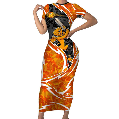 Perth Scorchers Family Matching Short Sleeve Bodycon Dress and Hawaiian Shirt Flaming Lightning Storm Geometric Sports Mascot Art