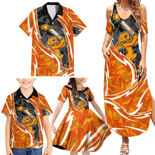 Perth Scorchers Family Matching Summer Maxi Dress and Hawaiian Shirt Flaming Lightning Storm Geometric Sports Mascot Art